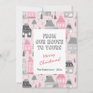 Vintage Houses on Pink Christmas Card 