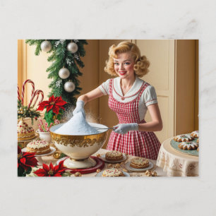 Vintage Housewife Baking Christmas Desserts  Holiday Postcard