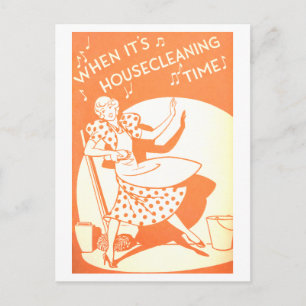 Vintage Housewife Cleaning Illustration Postcard