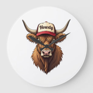 Vintage Howdy Highland Cow Western Trucker Hat Sty Large Clock