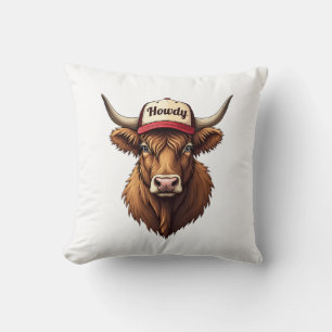Vintage Howdy Highland Cow Western Trucker Hat Sty Throw Pillow