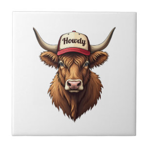 Vintage Howdy Highland Cow Western Trucker Hat Sty Tile