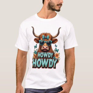 Vintage Howdy Highland Cow with Heart Sunglasses W T-Shirt