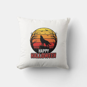 Vintage Howling Wolf Happy Halloween Vector Design Throw Pillow