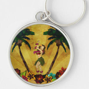 Vintage Hula Girl Palm Trees Key Chain