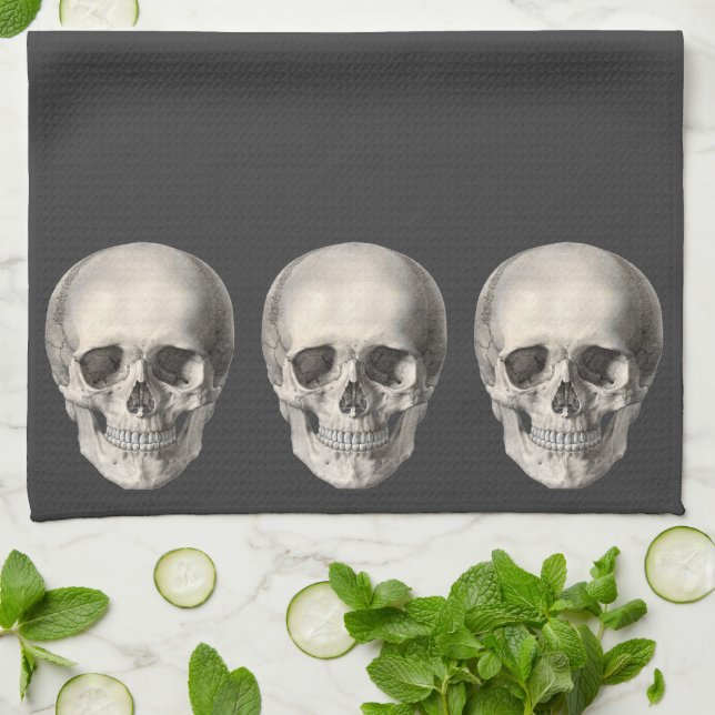 Vintage Human Anatomy Skull, Halloween Skeleton Kitchen Towel (Folded)