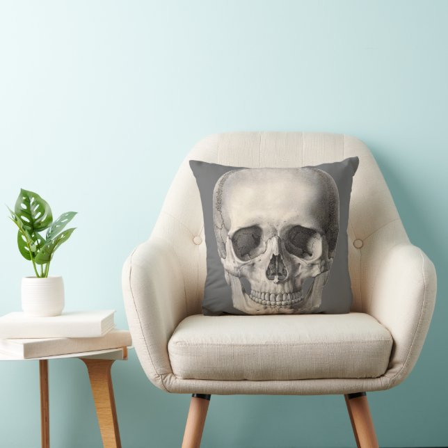 Vintage Human Anatomy Skull, Halloween Skeleton Throw Pillow (Chair)