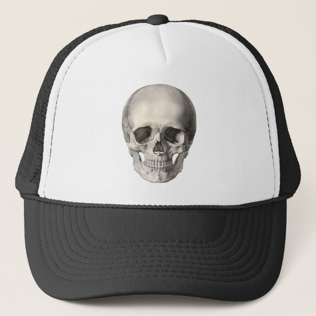 Vintage Human Anatomy Skull, Halloween Skeleton Trucker Hat (Front)