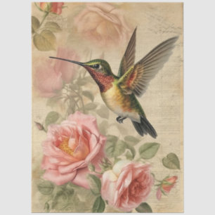 Vintage Hummingbird and Pink Roses Decoupage Tissue Paper