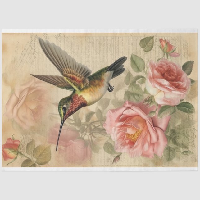 Vintage Hummingbird and Pink Roses Decoupage Tissue Paper (Front)