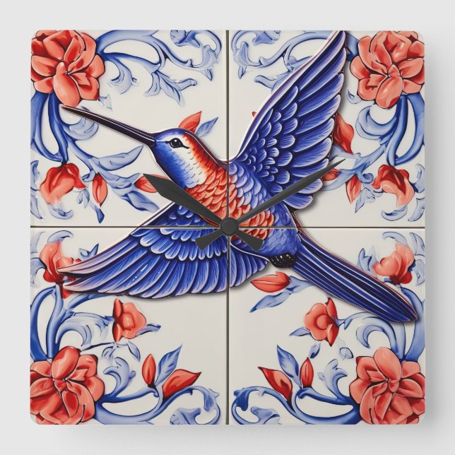 Vintage Hummingbird Azulejo Square Wall Clock (Front)