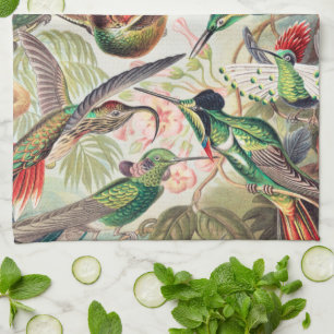 Vintage Hummingbird Botanical Art Nouveau Green Kitchen Towel