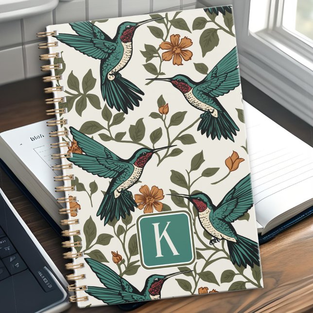 Vintage Hummingbird Botanical Orange Flower Vines Planner (Vintage hummingbird calendar / day planner bird art & floral vines with monogram)
