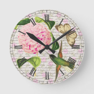 Vintage Hummingbird Butterfly and Caryophyllus Round Clock
