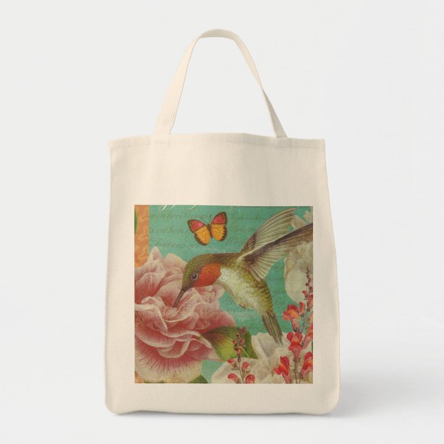 Vintage Hummingbird Collage Grocery Tote (Front)