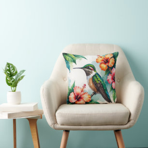 Vintage Hummingbird & Hibiscus Floral Throw Pillow