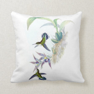 Vintage Hummingbird Illustration Green Purple Throw Pillow