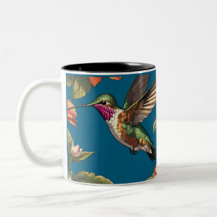 Vintage hummingbird in spring flowers Two-Tone coffee mug