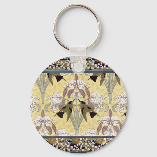 Vintage Hummingbird Orchid Art Nouveau Pattern Keychain (Front)