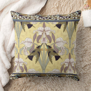 Vintage Hummingbird Orchid Art Nouveau Pattern Throw Pillow