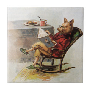 Vintage Humour, Pig in Rocking Chair Reading a Boo Tile
