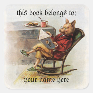 Vintage Humour, Pig Reading a Book Bookplate Square Sticker