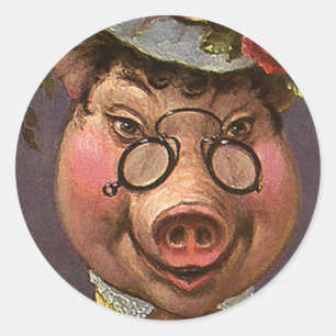 Vintage Humour, Silly and Funny Victorian Lady Pig Classic Round Sticker