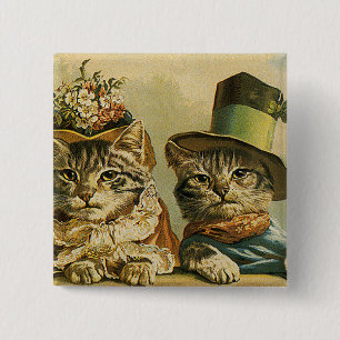 Vintage Humour, Victorian Bride Groom Cats in Hats 2 Inch Square Button