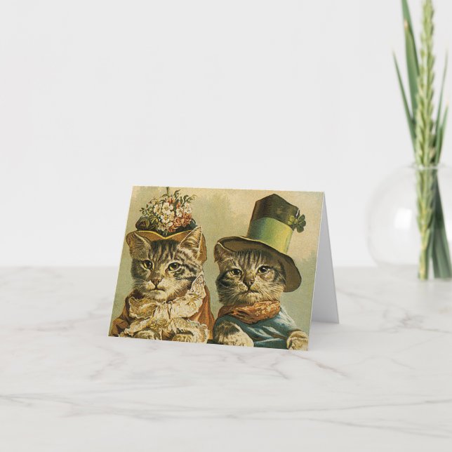 Vintage Humour, Victorian Bride Groom Cats in Hats Card (Front)