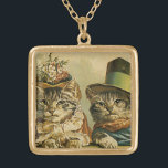 Vintage Humour, Victorian Bride Groom Cats in Hats Gold Plated Necklace<br><div class="desc">Vintage illustration funny humour image featuring Victorian tabby cats wearing hats. A love and romance pet wedding design with a cat bride and groom. The bride is wearing an elegant floral flower hat and the groom cat is wearing a fancy formal top hat.</div>