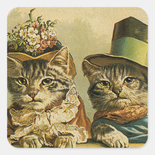 Vintage Humour, Victorian Bride Groom Cats in Hats Square Sticker