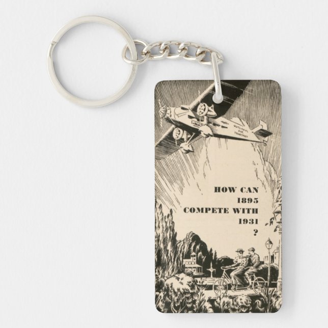 Vintage Humourous Ad Plane Tandem Bicycle Man Keychain (Front)