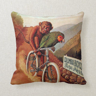 Vintage Humourous Monkey Parrot Bicycle Ride Throw Pillow