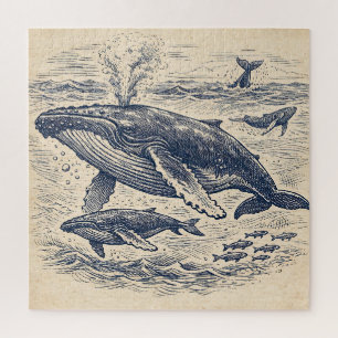 Vintage Humpback Whale Pod Engraving Jigsaw Puzzle