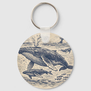 Vintage Humpback Whale Pod Engraving Keychain