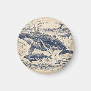 Vintage Humpback Whale Pod Engraving Magnet
