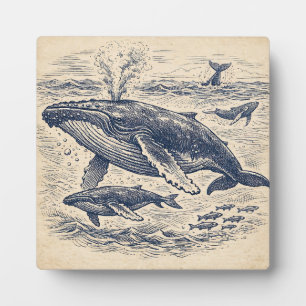 Vintage Humpback Whale Pod Engraving Plaque