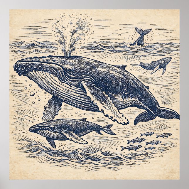 Vintage Humpback Whale Pod Engraving Poster (Front)
