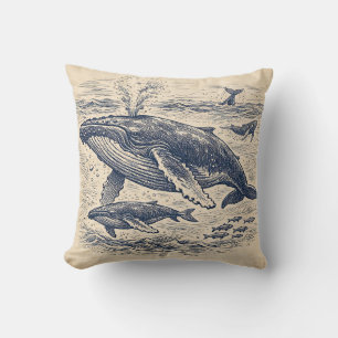 Vintage Humpback Whale Pod Engraving Throw Pillow