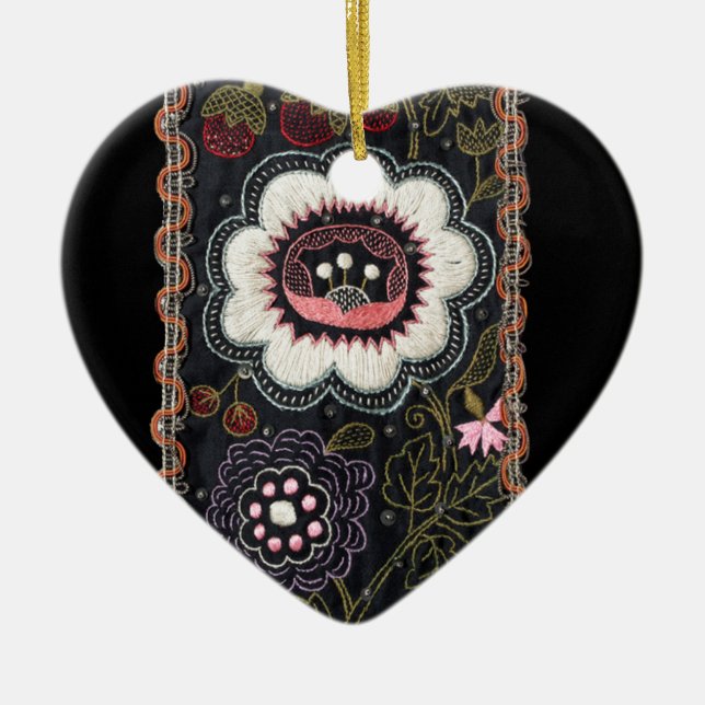 Vintage Hungarian Embroidery on Black Ceramic Ornament (Front)