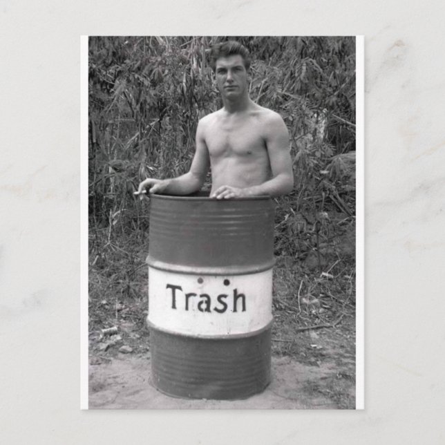 Vintage Hunk in Trash Can Postcard (Front)