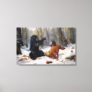Vintage Hunter And Black Bear Encounter Canvas Print