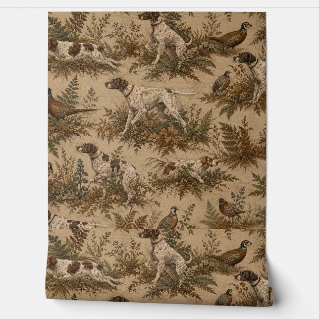 Vintage Hunting Dogs & Game Birds Pattern Wallpaper (Unrolling)