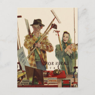 Vintage Husband and Wife with Gardening Tools Postcard