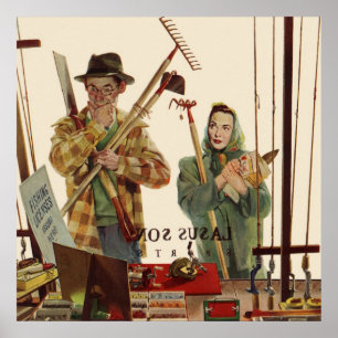 Vintage Husband and Wife with Gardening Tools Poster