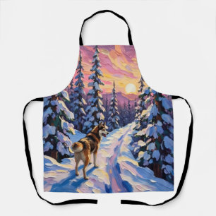 Vintage Husky on Snowy Christmas Forest Trail Apron