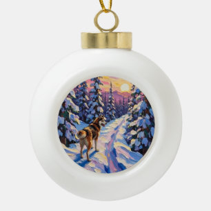 Vintage Husky on Snowy Christmas Forest Trail Ceramic Ball Christmas Ornament