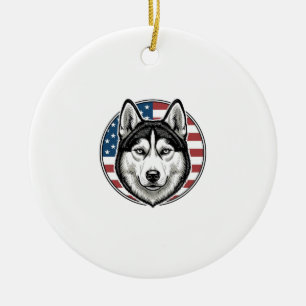 Vintage Husky Patriotic Dog Vector Shirt Design_1 Ceramic Ornament