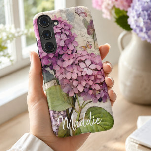  Vintage Hydrangea & Butterfly Pink Personalized Samsung Galaxy Case