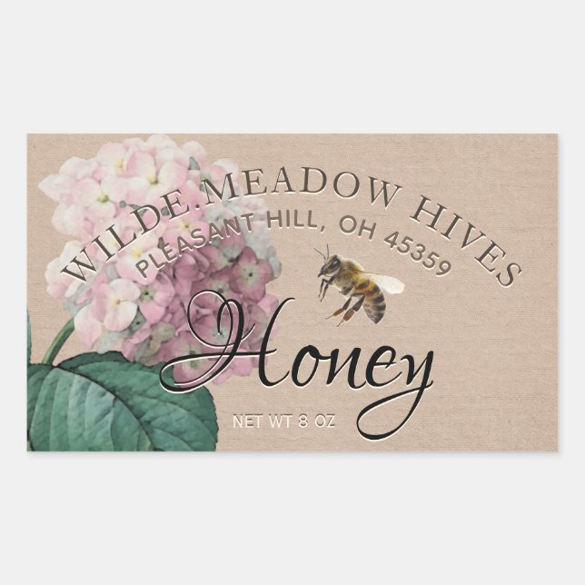 Vintage Hydrangea flower & bee Honey Label Kraft (Front)